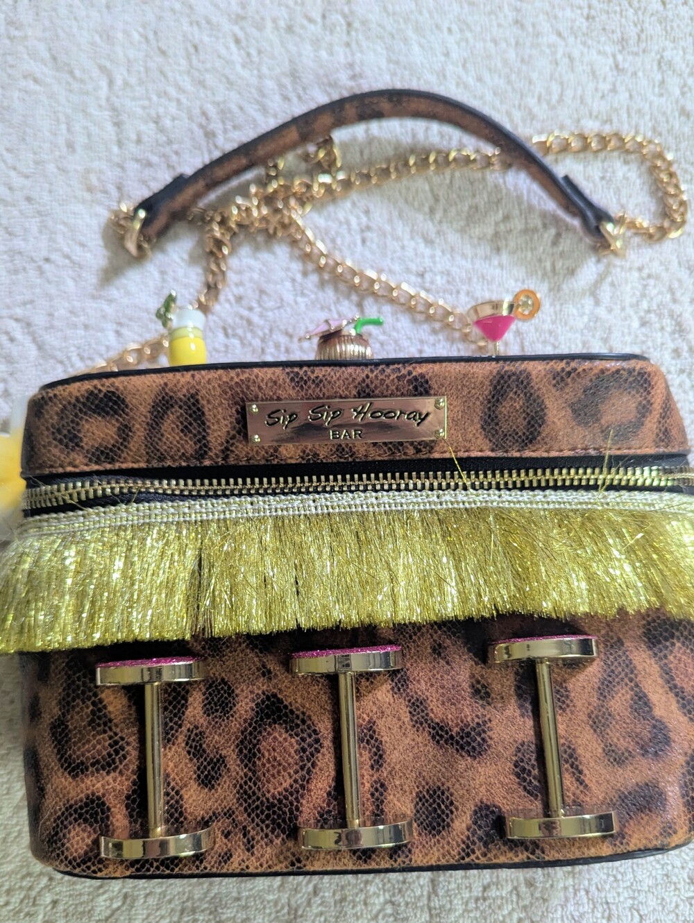 Betsey Johnson Kitsch Sip Sip Hooray Tiki Bar Crossbody Bag Leopard EUC $140